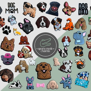 May include: A collection of dog-themed charms in various breeds and styles. Includes charms with the text "DOG MOM", "DOG DAD", "LIVE LOVE BARK", and "AUSSIE SQUAD". The charms are in various colors and designs.