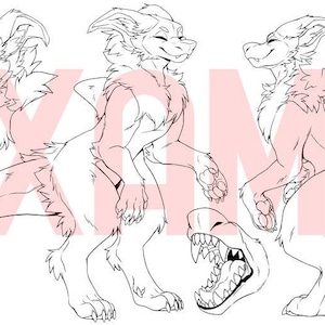 Pode incluir: Desenho linear de um personagem peludo semelhante a um tubarão em várias poses. O personagem tem uma juba fofa, uma cauda de tubarão e uma expressão sorridente. Elementos adicionais incluem um close-up da boca e da pata do personagem.