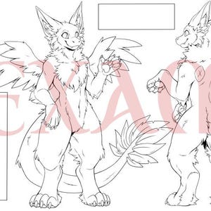 Puede incluir: Dibujo lineal de un personaje de dragón peludo en varias poses. El dragón tiene orejas grandes, alas y una cola larga. La imagen incluye una vista frontal de cuerpo completo, una vista lateral, un primer plano de la cabeza y detalles de las patas. El texto en la parte inferior dice "Base by @Yushyflorev."