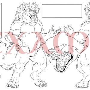 Könnte beinhalten: Strichzeichnung eines muskulösen, anthropomorphen Wolfs in mehreren Posen. Das Design umfasst eine Ganzkörperansicht von vorne, eine Seitenansicht, eine Nahaufnahme des Kopfes, eine Pfote und einen detaillierten offenen Mund. Die Figur hat eine pelzige Mähne und einen Schwanz.