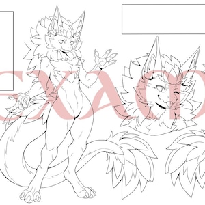 May include: Line art of a stylized anthropomorphic fox character with detailed fur and leaf-like accents. The image includes full body poses, a headshot, and close-ups of paws and an eye. The character has a long, fluffy tail.