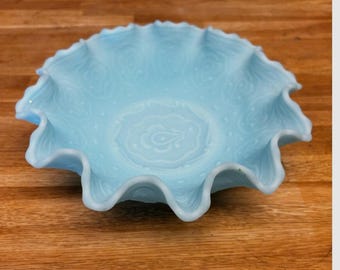ヴィンテージ フェントン ボウル ホブネイル ラッフルエッジ キャンディ ジュエリー フルーツ コンポート ブルー ミルク グラス