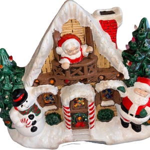 Ceramic Christmas Light Up Hand Painted Cottage 1980&#39;s Santas, Snowman, Trees