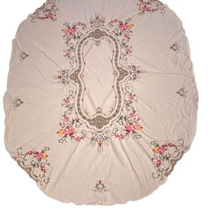 Vintage Tablecloth Oval 78&quot; x 62&quot; Hand Cross Stitched Floral with  Lace Inserts