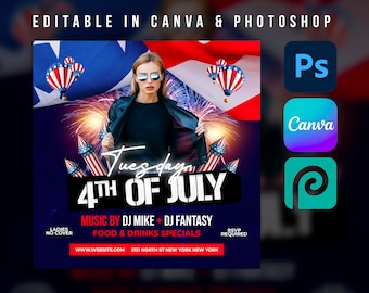 4th Of July Template For Canva & Photoshop. Independence Day Flyer, Poster, Social Media, Instagram