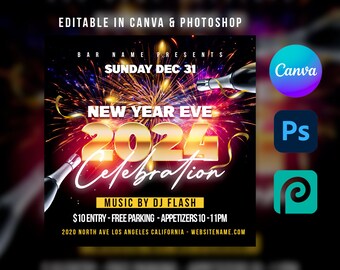 New Year Eve 2024 | 2024 Party Template For Canva & Photoshop | DIY New Year Template | 2024 Party | Social Media | Instagram | Party Flyer