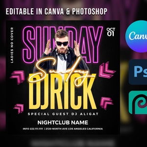 Editable Party Flyer | Club Flyer Template | DJ Flyer | Night Club Flyer | Canva Flyer Template | Sunday Canva Flyer | Psd DJ Template