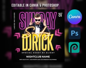 Editable Party Flyer | Club Flyer Template | DJ Flyer | Night Club Flyer | Canva Flyer Template | Sunday Canva Flyer | Psd DJ Template