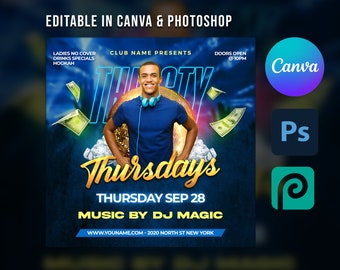 May include: A blue and gold flyer with the text "Thursday's" in a large, gold font. The flyer advertises a club event with the text "Music by DJ Magic" and "Thursday Sep 28".