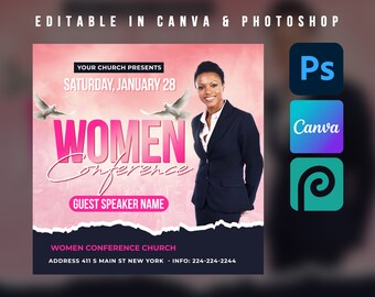 May include: A pink and white flyer with a torn edge, advertising a Women's Conference. The flyer features a woman in a black suit, the text "Women Conference", and the date "Saturday, January 28".