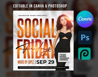 Social Fridays| DJ Party Night Flyer Template For Canva & Photoshop | DIY Urban Flyer | Poster | Social Media | Instagram | Party Flyer