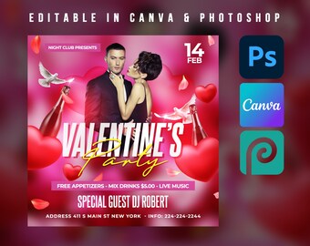 Valentines Party Flyer Template  For Canva & Photoshop. Poster, Social Media, Instagram, Facebook, Night Club, Restaurant, Event