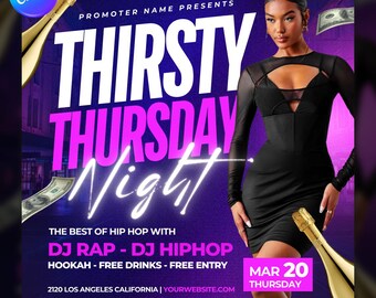Thirsty Thursday, Club Party Flyer Template For Canva, Photoshop, DIY Event Flyer, Party Flyer, Club Invite for Social Media, Hiphop Flyer