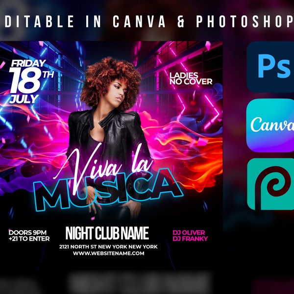 Party Night Flyer Template For Canva & Photoshop. DIY Urban Flyer, Poster, Social Media, Instagram, Dj Flyer, Night Club