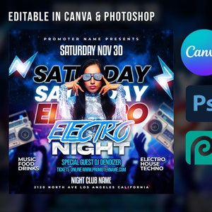 Electro Night | DJ Party Night Flyer Template For Canva & Photoshop | DIY Urban Flyer | Poster | Social Media | DJ Canva  | Electro  Canva