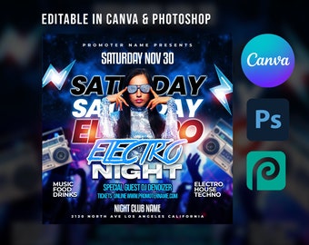Electro Night | DJ Party Night Flyer Template For Canva & Photoshop | DIY Urban Flyer | Poster | Social Media | DJ Canva  | Electro  Canva