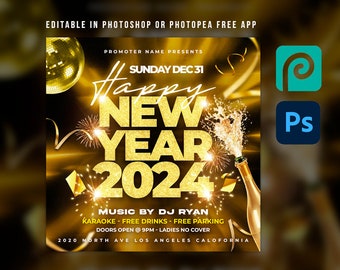 New Years Eve Flyer 2024 | Party Night Flyer Template For Photoshop & Photopea | DIY Urban Flyer | 2024 Flyer Template | New Year Template