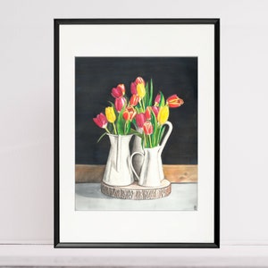 Printable art - Tulips in pitchers - watercolor pencil