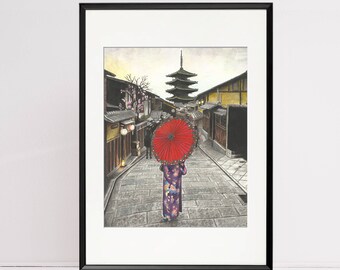 Puede incluir: Una mujer con un kimono tradicional japonés camina por una calle de Kioto, Japón. Lleva un paraguas rojo y camina hacia una pagoda en la distancia. La calle está bordeada de edificios tradicionales japoneses.