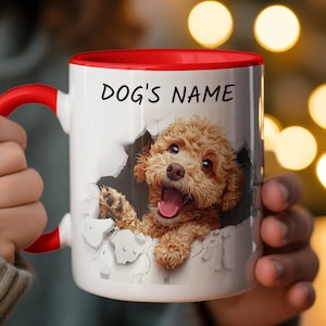 Personalized Pet Poodle Mug - Cute Dog Breaks Through Wall Design, Customizable Name Coffee Cup, Unique Gift for Dog Lovers