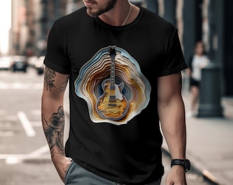 ギターアートシャツ ロックミュージック愛好家Tシャツ ギターファンシャツ ギタリストへのギフト 3Dギターデザイン コンサートファンTシャツ ジャズバンドショーTシャツ ミュージシャン