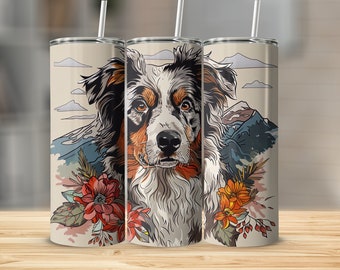Vaso de pastor australiano con hermoso fondo de montaña, Regalo floral para amantes de los perros, Vaso artístico con retrato de mascota, Regalo para mamá canina