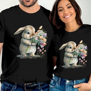 Cute Easter Bunny Floral Watercolor T-Shirt, Spring Time Rabbit with Flowers, Animal Lover, Easter Rabbit, Holy Week, Frohe Ostern, Paques