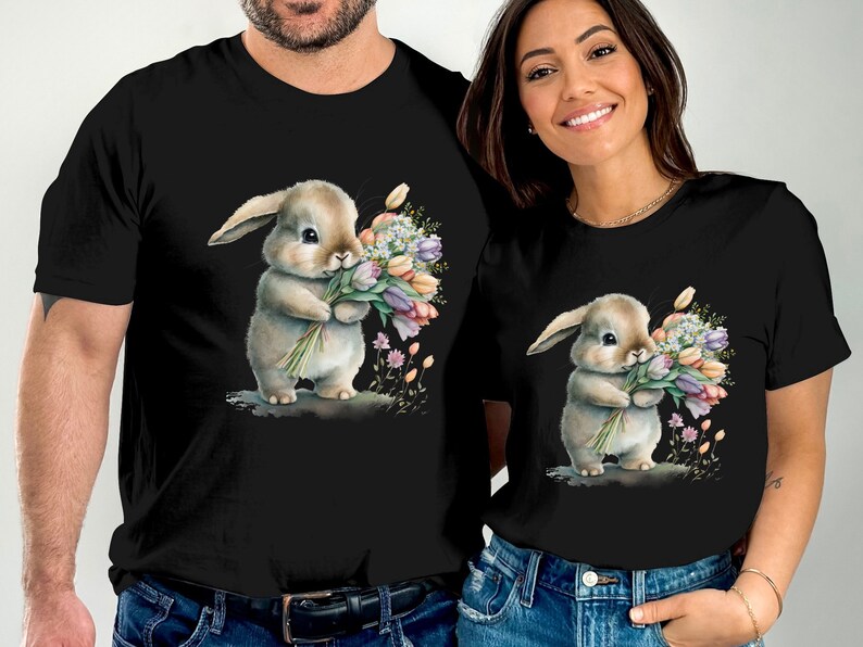 Cute Easter Bunny Floral Watercolor T-Shirt, Spring Time Rabbit with Flowers, Animal Lover, Easter Rabbit, Holy Week, Frohe Ostern, Paques