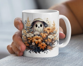 ハロウィンギフトマグカップ 不気味なハロウィンマグ ワイルドフラワー ハロウィンゴースト フローラルマグ ユニークな不気味なゴーストハロウィンコーヒーカップ 秋の花の装飾