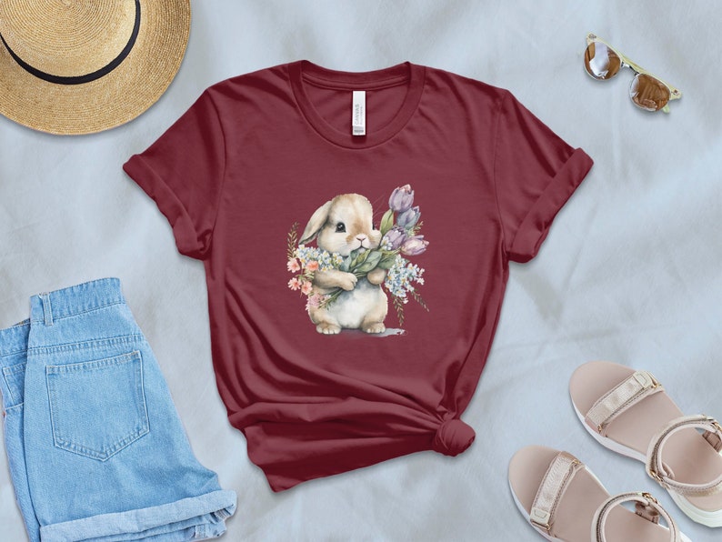 Cute Easter Bunny T-Shirt with Watercolor Floral Design, Spring Rabbit, Flower and Bunny Top, Adorable Animal Illustration, Frohe Ostern,