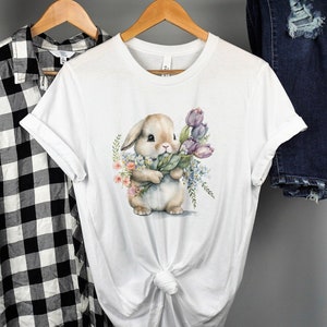 Cute Easter Bunny T-Shirt with Watercolor Floral Design, Spring Rabbit, Flower and Bunny Top, Adorable Animal Illustration, Frohe Ostern,