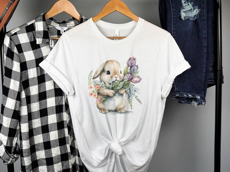 Cute Easter Bunny T-Shirt with Watercolor Floral Design, Spring Rabbit, Flower and Bunny Top, Adorable Animal Illustration, Frohe Ostern,