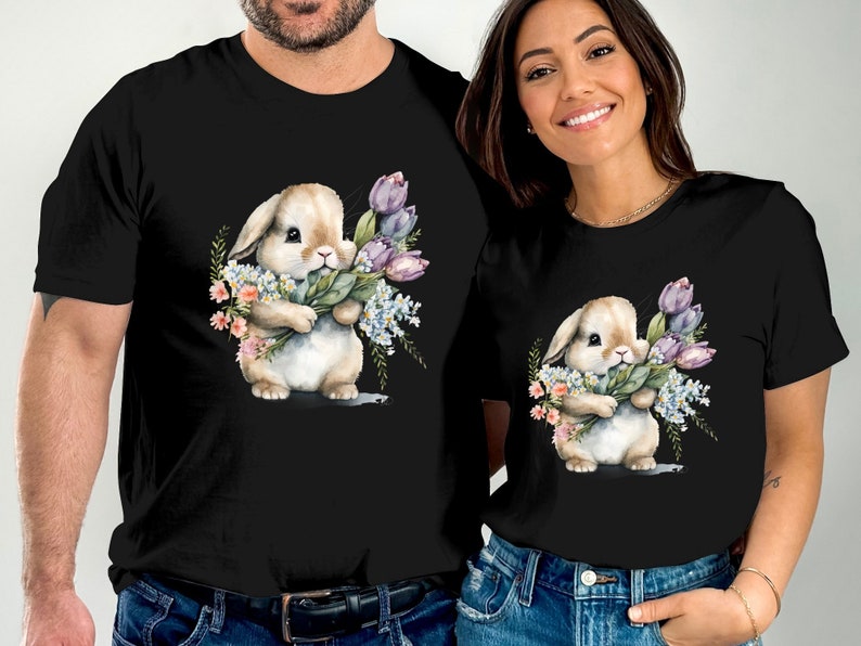Cute Easter Bunny T-Shirt with Watercolor Floral Design, Spring Rabbit, Flower and Bunny Top, Adorable Animal Illustration, Frohe Ostern,