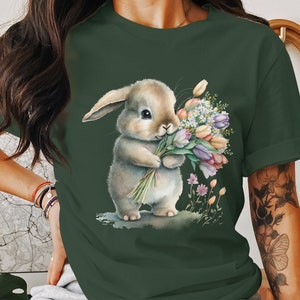 Niedliches Osterhase Blumen Aquarell T-Shirt, Frühling Zeit Kaninchen mit Blumen, Tierliebhaber, Osterkaninchen, Karwoche, Frohe Ostern, Paques Bild 4