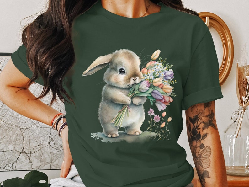 Niedliches Osterhase Blumen Aquarell T-Shirt, Frühling Zeit Kaninchen mit Blumen, Tierliebhaber, Osterkaninchen, Karwoche, Frohe Ostern, Paques Bild 4