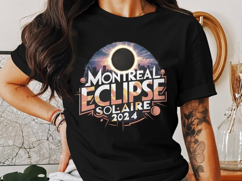 Montreal Eclipse 2024 Tshirt Solar Event Tee Sun and City Graphic