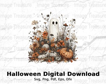 Halloween Ghost Floral Png Digital Download, Spooky Pumpkin Svg Autumn Flowers Clipart, Fall Seasonal Design, Instant Download File