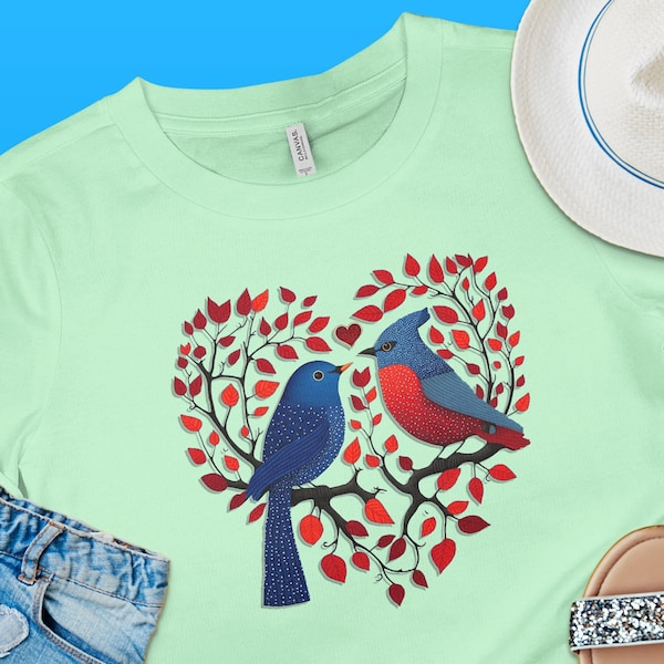 Love Birds T-Shirt Colorful Bird Shirt for Women Fashion Romantic Tree Design Gift for Bird Lovers Gift Two Colorful Birds Perched On A Tree