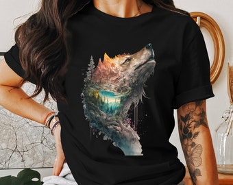 Wolf Grafik T-Shirt, Natur inspiriert Shirt, Berglandschaft T-Shirt, künstlerische Wildtier Bekleidung, Outdoor Abenteuer Kleidung, Unisex