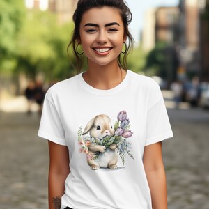 Linda camiseta de conejito de Pascua con diseño floral de acuarela, conejo de primavera, top de flores y conejitos, adorable ilustración de animales, Frohe Ostern, imagen 8