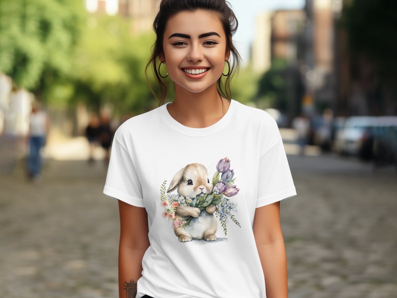 Linda camiseta de conejito de Pascua con diseño floral de acuarela, conejo de primavera, top de flores y conejitos, adorable ilustración de animales, Frohe Ostern, imagen 8
