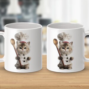 Linda taza de gato chef, gatito de dibujos animados caprichoso con cuchara, regalo amante del café, decoración de la cocina, humor animal, regalo único amante del gato, taza divertida