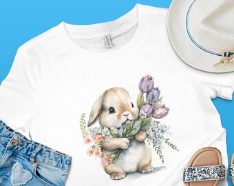 Linda camiseta de conejito de Pascua con diseño floral de acuarela, conejo de primavera, top de flores y conejitos, adorable ilustración de animales, Frohe Ostern,