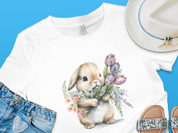 Cute Easter Bunny T-Shirt with Watercolor Floral Design, Spring Rabbit, Flower and Bunny Top, Adorable Animal Illustration, Frohe Ostern,