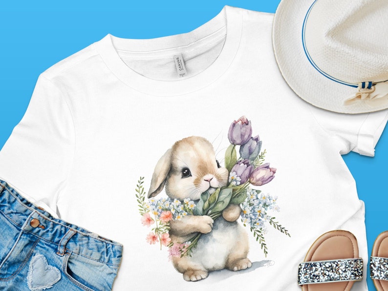 Cute Easter Bunny T-Shirt with Watercolor Floral Design, Spring Rabbit, Flower and Bunny Top, Adorable Animal Illustration, Frohe Ostern,