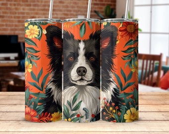 かわいいボーダーコリータンブラー犬好きへのギフト、ペットオーナータンブラー犬ママへのプレゼントコーヒートラベルマグカラフルな花柄断熱犬用タンブラー