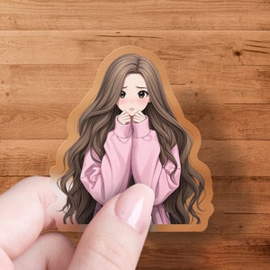 Adesivo fofo de menina anime, moletom com capuz rosa kawaii, decalque decorativo para laptop, arte mangá, acessórios de planejador, adesivo transparente bonito de menina anime