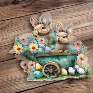 Watercolor Easter Bunny Sticker, Cute Rabbit with Colorful Eggs, Spring Garden Cart Decal, Floral Wheelbarrow, Kids and Nursery Decor