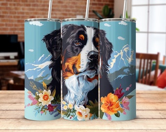 Berner Sennenhund Becher, Blumenhund Kunst Becher, Sennenhund Reisebecher, Hundeliebhaber Geschenk, Individueller Haustier Porträt Becher, Einzigartige Hundekunst
