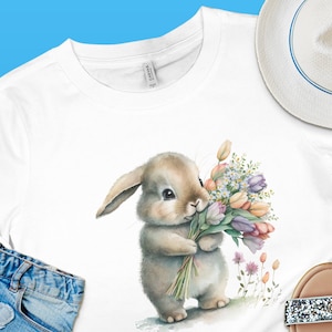 Cute Easter Bunny Floral Watercolor T-Shirt, Spring Time Rabbit with Flowers, Animal Lover, Easter Rabbit, Holy Week, Frohe Ostern, Paques